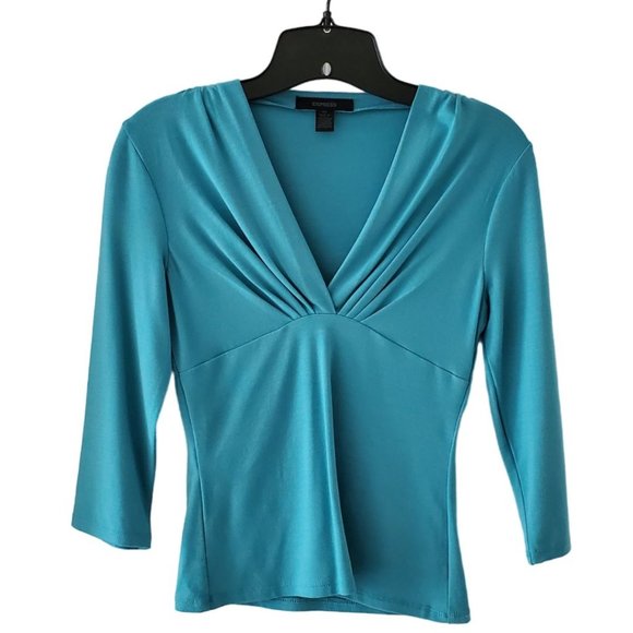 Express Tops - Express Shawl Collar V-neck Empire Waist 3/4 Sleeve Top | NWOT | XS | Teal Blue